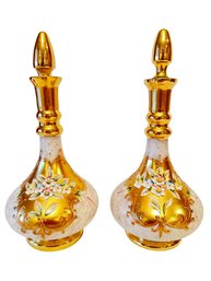Vintage Antique Pair Of Art Glass Decanters Bottles With Enamel Painted Decoration