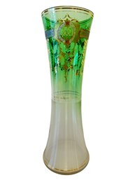 Vintage Antique Art Glass Vase Green And Clear With Enamel Painted Decoration
