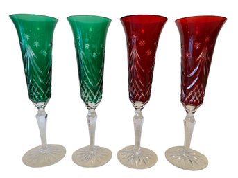 Set Of 4 Waterford Champagne Glasses 2 Ruby Cut To Clear And 2 Green Cut To Clear
