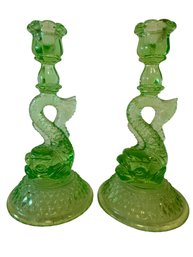 Pair Of Vintage Green Depression Glass Dolphin Candlesticks