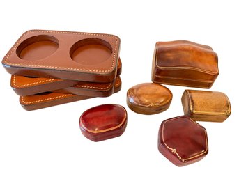 Collection Of Vintage Italian Leather Boxes And Coasters