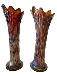 Pair Of Amethyst Carnival Glass Vases
