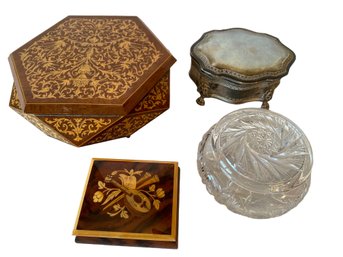 Collection Of 4 Vintage Wood / Glass / Silverplate Boxes