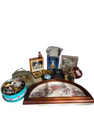 Miscellaneous Household Decor, Boyds Bear, Goebel Hummel Photos, Tin Full Of Buttons, And Coasters