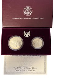 Beautiful 1992 Olympic Silver Baseball Dollar And Gymnast Half Dollar Commemorative Coins With Box And COA