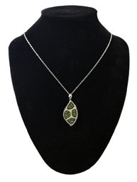 Vintage Green And White Stone Pendant On A 20 Inch Sterling Silver Chain