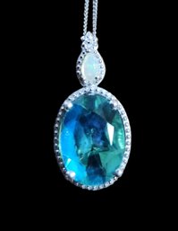 Sterling Silver Pendant With Large Blue Beautiful Stone On Chain