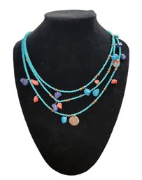 Multi-layer Blue Beads Necklace With Colored Charms