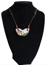 Pottery Style Pendant On Black Rope Chain