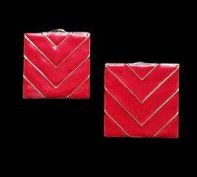 Retro Red Square Earrings, Clip On