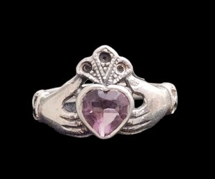 Vintage Sterling Silver Claddagh Ring With Purple Stone