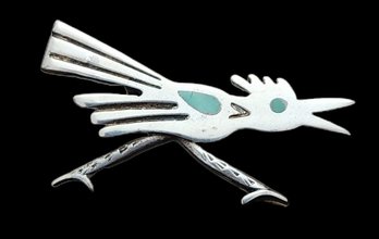 Incredible Vintage Native American Sterling Silver Roadrunner Brooch