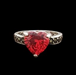 Sterling Silver Marcasite Ruby Color Heart