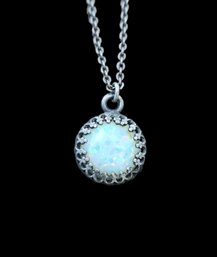 Vintage Sterling Silver Chain With Opal Color Pendant