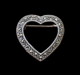 Vintage Sterling Silver Marcasite Heart Brooch
