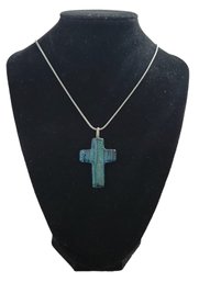 Adjustable Silver Tone Chain With Blue Green Color Cross Pendant