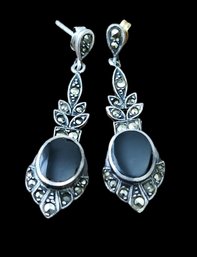 Gorgeous Vintage Sterling Silver Onyx Color And Marcasite Earrings