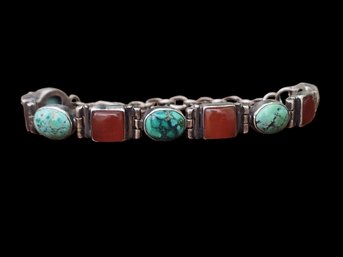 Beautiful Vintage Sterling Silver Turquoise And Amber Color Bracelet