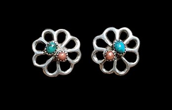 Vintage Sterling Silver Earrings With Turquoise And Coral Color Stones