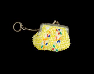 Vintage 60's Lemon Color Beaded Coin Purse With Key Chain