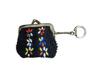 Vintage 60's Black Color Beaded Coin Purse With Key Chain