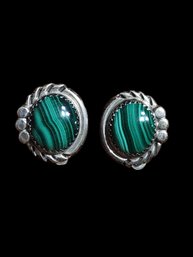 Vintage Sterling Silver And Green Malachite  Clip On Earrings