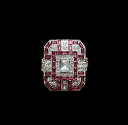 Silver Tone Ruby Color And CZ Ring