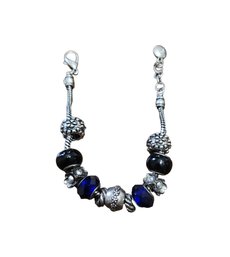 Lovely Silver Tone Bracelet With Black And Blue Large Beads