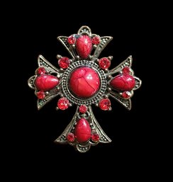 Large Ornate Red Cross Ring With Gold Tone