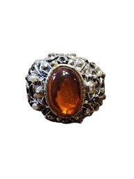 Large Silver Tone Ring With Amber Color Stone