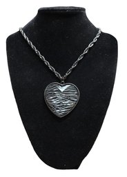 Dark Silver Tone Chain With Large Heart Shaped Zebra Pattern Pendant