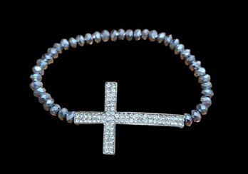 Lovely Sparkly Gray Beaded Bracelet With Rhinestone Cross