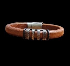 Leather And Silver Tone Magnetic Close Bracelet