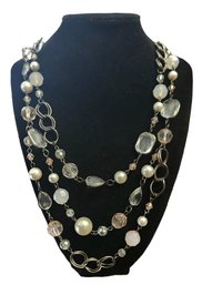 Three Strands Dark Silver Tone Chain Necklace With Pastel Beads