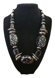 Large Silver Tone With Black Chunky Beads