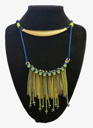 Royal Blue Woven Necklace With Bright Green And Yellow