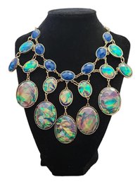 Iridescent Blue Pendants And Gold Tone Necklace