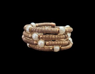 Gold Tone With White Beads Wrap Bracelet