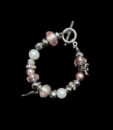 Silver Tone Charm Bracelet With Pink And White Beads