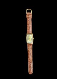 Brown Leather Style Band With Gold Tone Face Watch.  Needs Battery