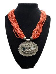 Large Coral Color Beaded Necklace With Silver Tone Pendant