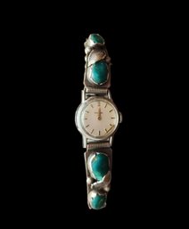 Vintage Zuni American Indian Sterling Silver Watch With Turquoise Color Stones