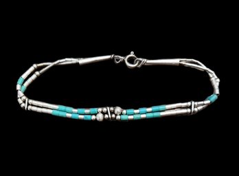 Vintage Native American Sterling Silver Bracelet With Turquoise Color Beads