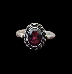 Sterling Silver And Dark Red Stone Ring, Size 8