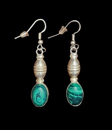 Silver Tone And Malachite Color Stones Earrings