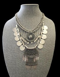 Large Silver Tone Bib Necklace