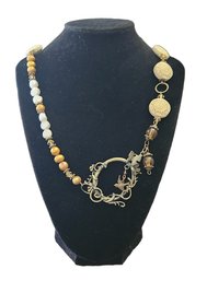 Large Gold Tone Necklace With Amber And White Color Beads