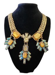 Gold Tone With Blue And Amber Color Stones Necklace