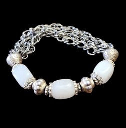 Silver Tone Bracelet With White Jade Color Stones