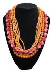 Vintage Amber And Coral Color 7 Strand Beaded Necklace